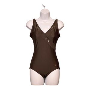 Janine Robin Swarovski Jeweled French One-Piece Swimsuit Sz 10 Brown Low-Back